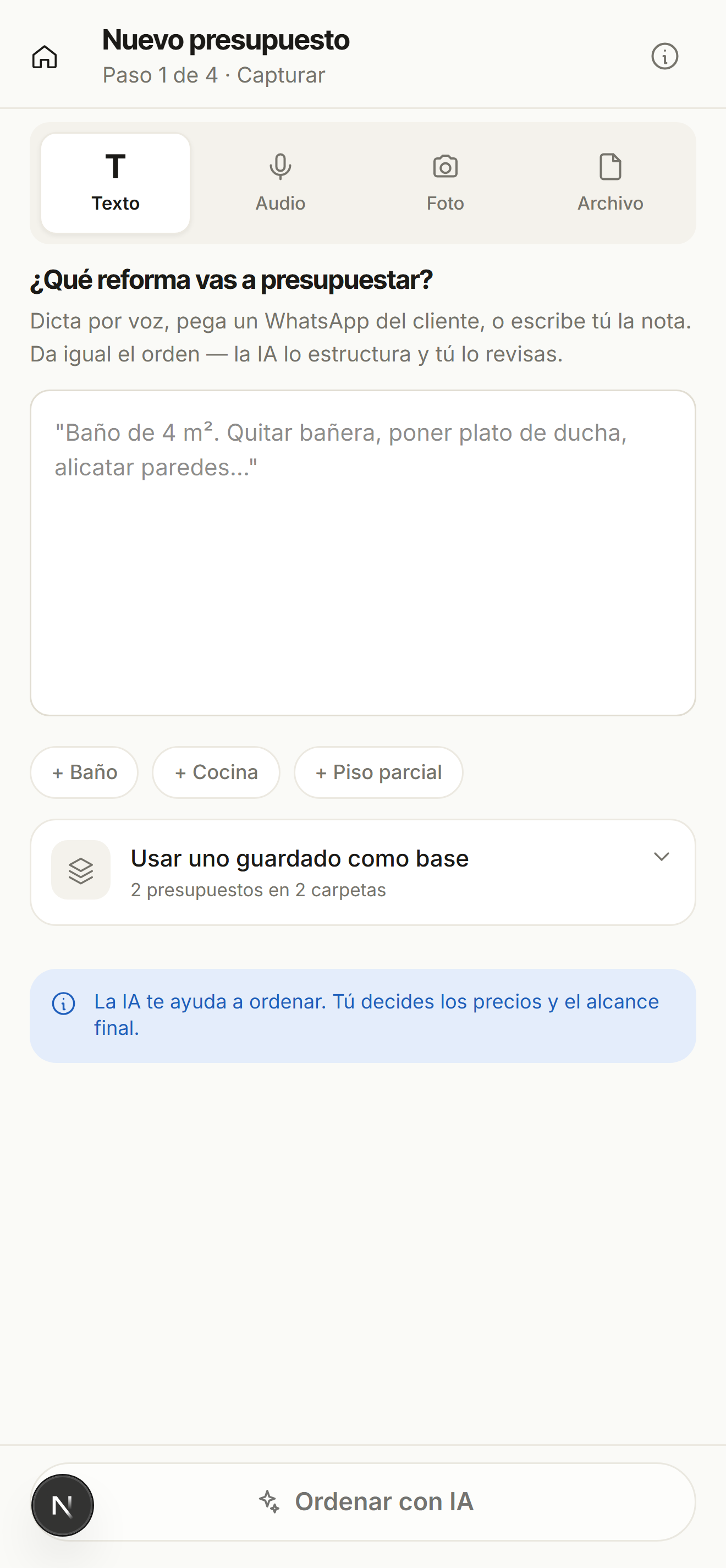 Pantalla de entrada de Muuno: texto, audio, foto o archivo