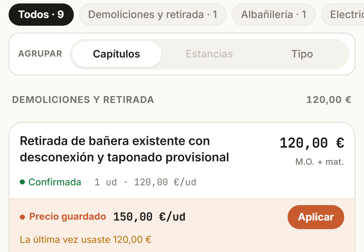 Sugerencia de precio en una partida: precio guardado aplicable con un toque